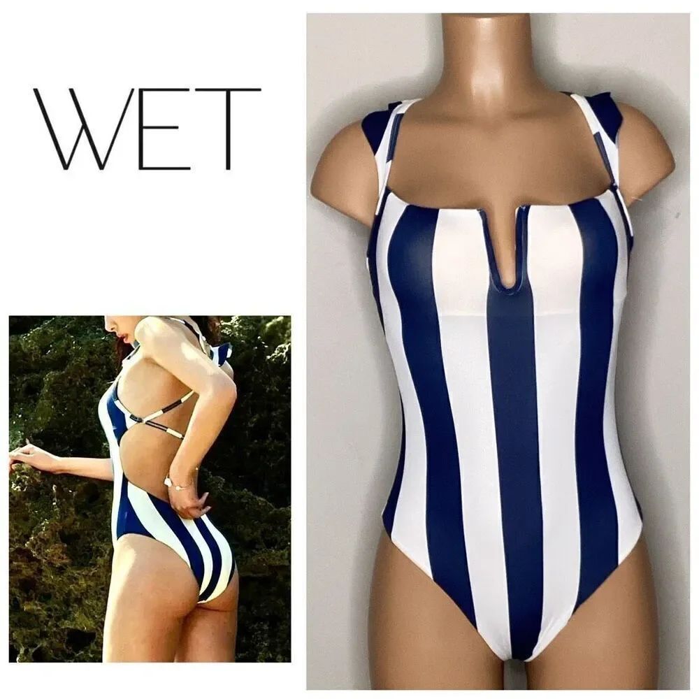 New. WET L.A. navy stripe swimsuit. Medium.βRetails $188